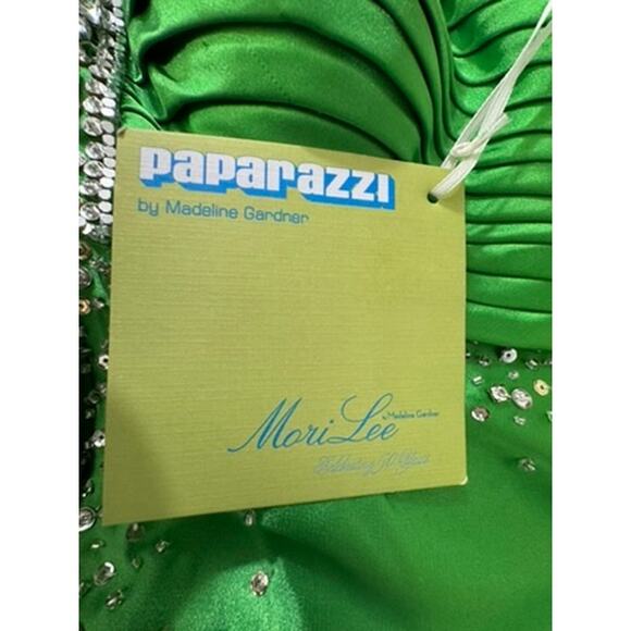 "MADELINE GARDNER" MORI LEE Prom Dress SZ 6 Kelly Green Bling Babydoll Y2K Long - Picture 6 of 16